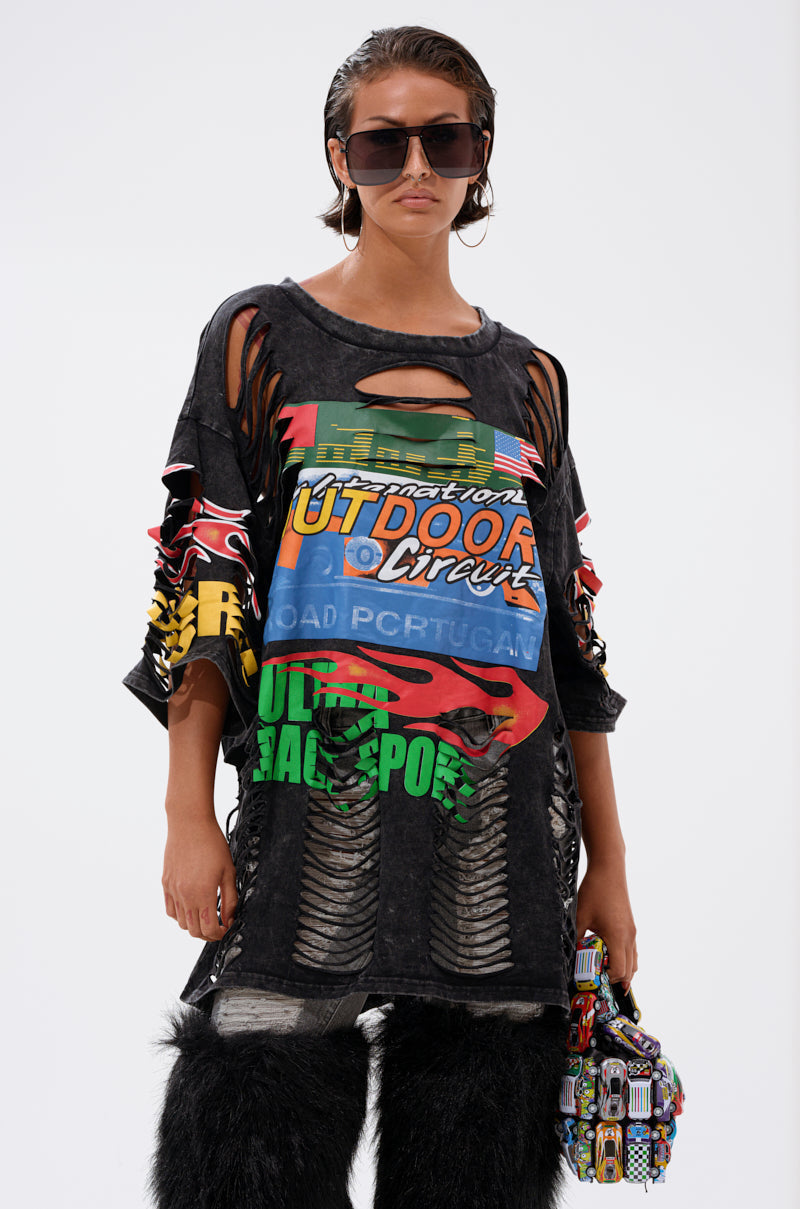 OFF TO THE RACES DISTRESSED OVERSIZED TEE