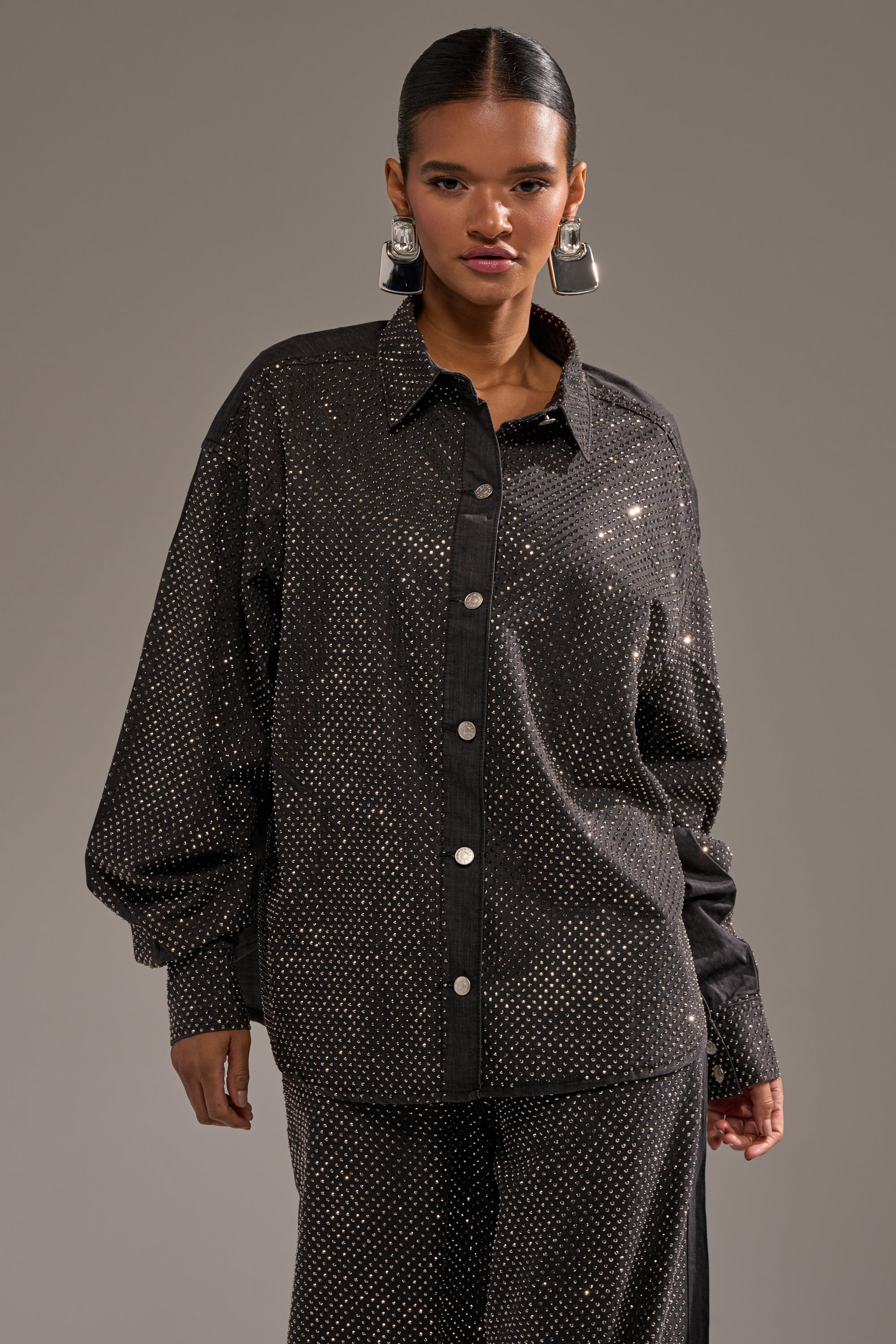 BLING BLING DENIM BUTTON DOWN TOP IN BLACK