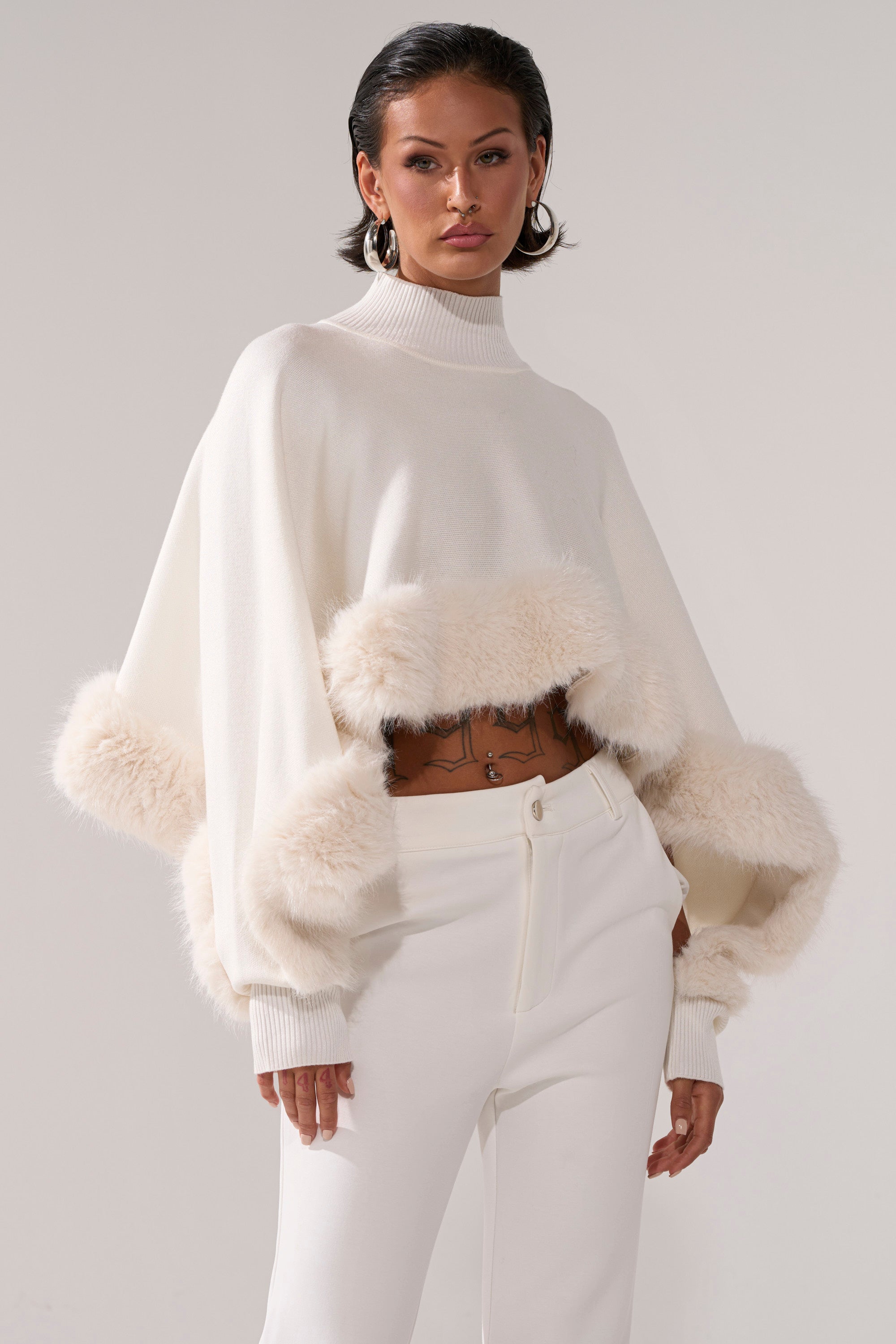 QUIET LUX FUR TRIM SWEATER IN WHITE