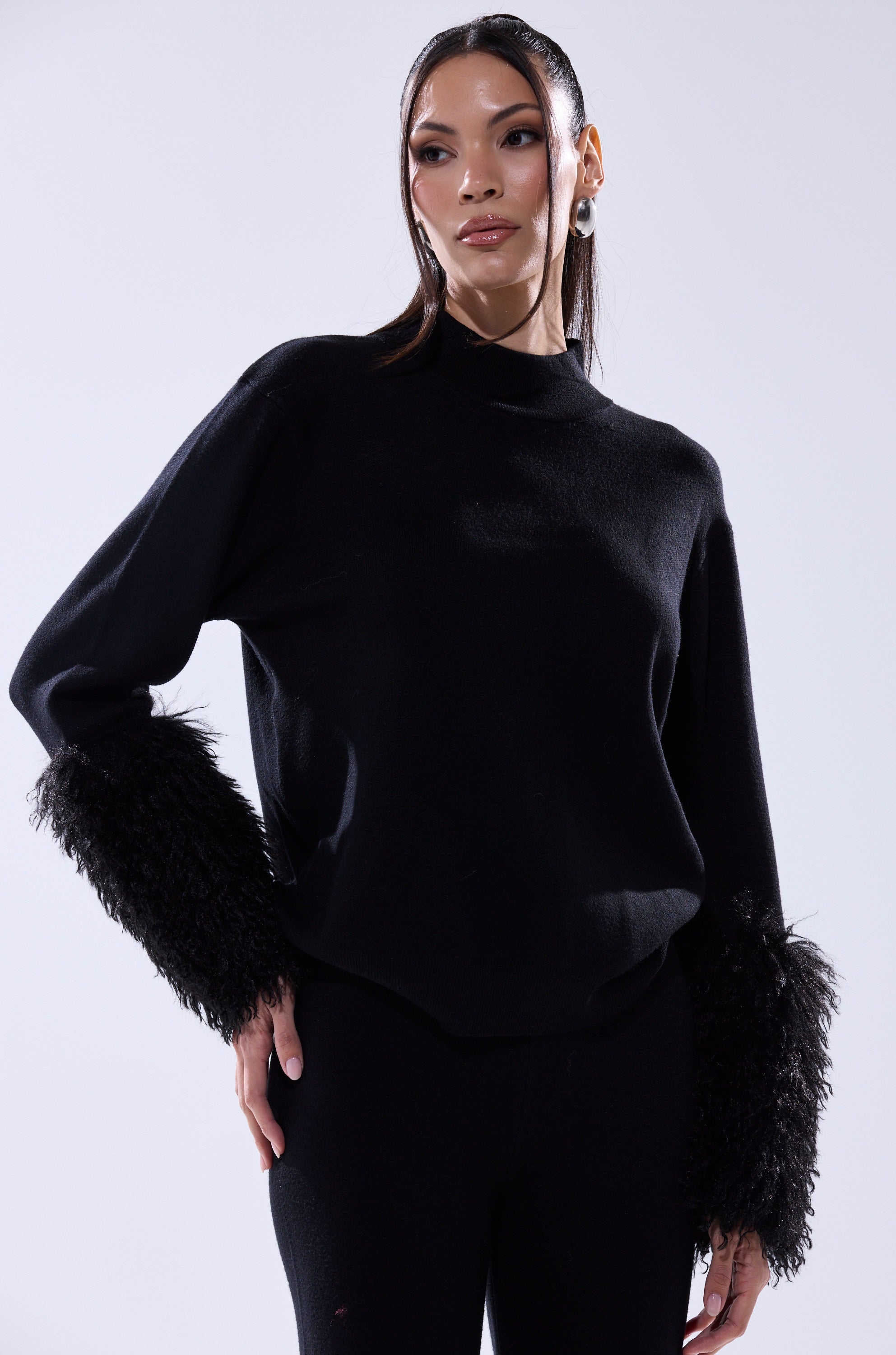 COZY VIBES SWEATER WITH FUR CUFF IN BLACK
