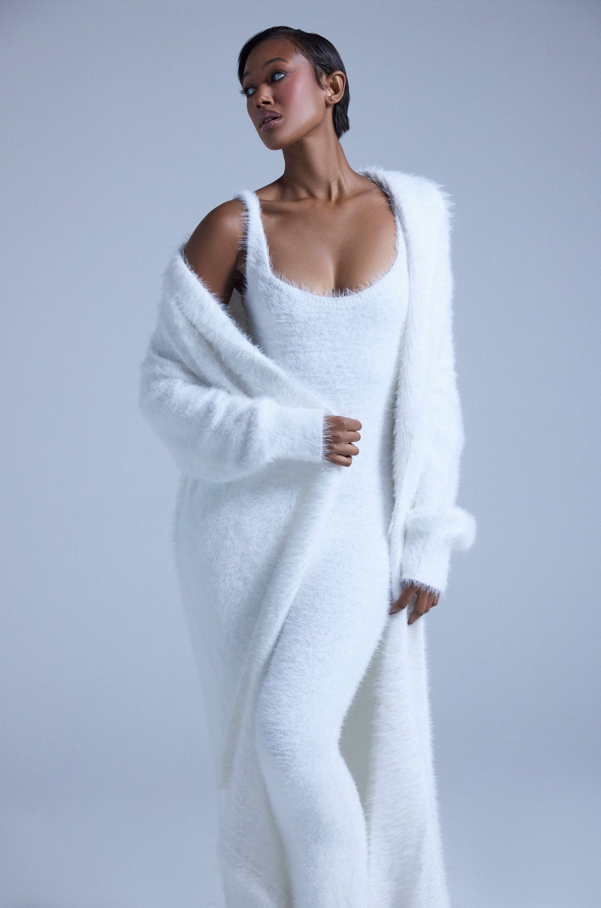 FUZZY KNIT SHAWL NECK CARDIGAN