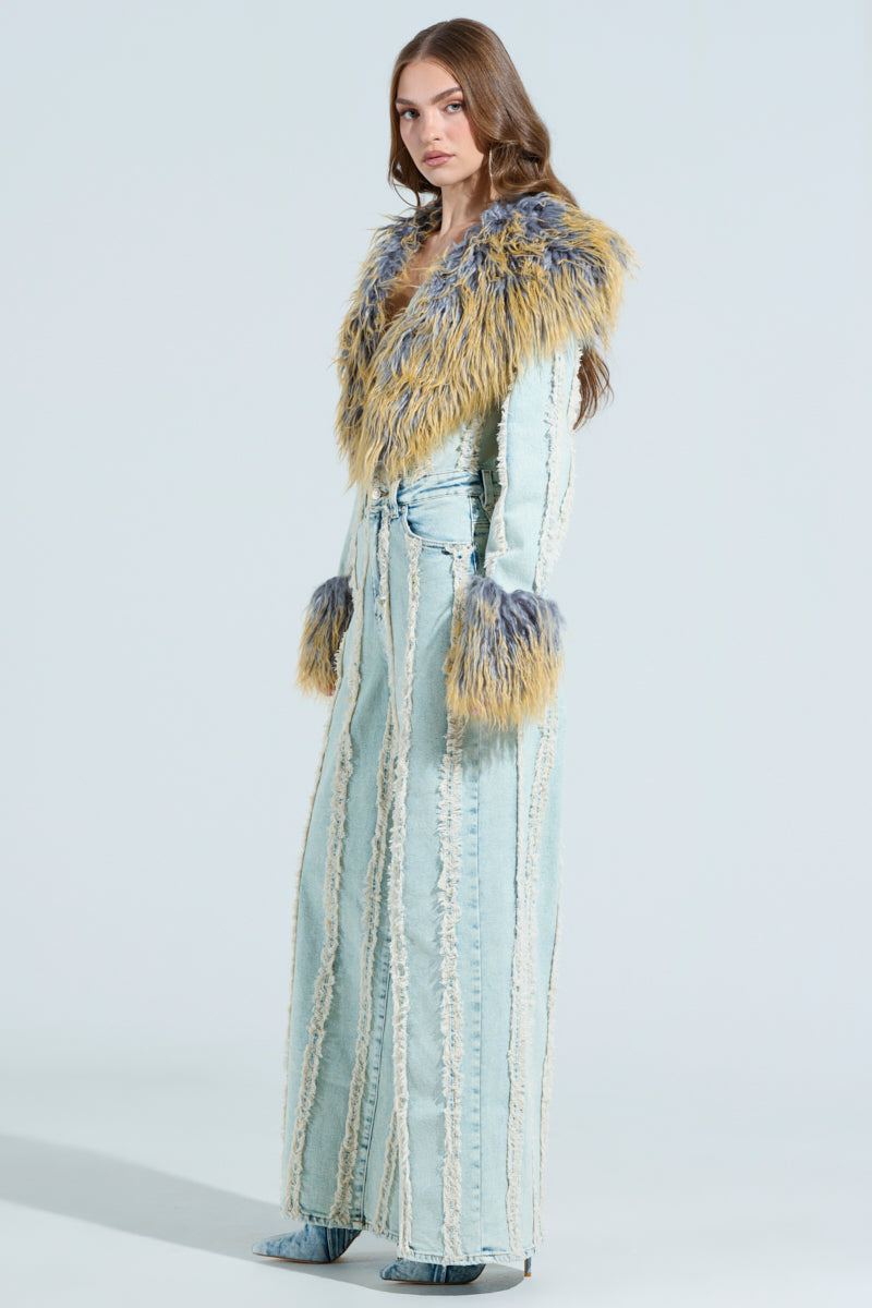 GET OUT OF MY WAY DENIM FUR JUMPSUIT