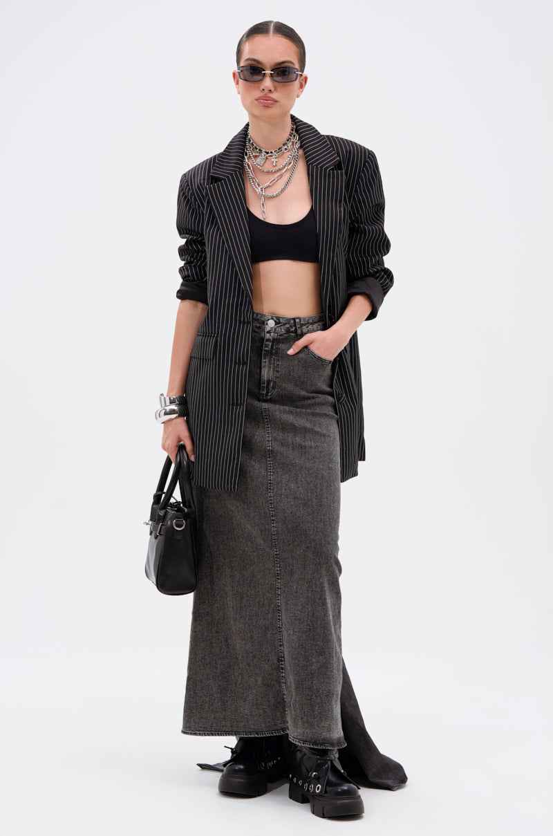 OH THE DRAMA DENIM MAXI SKIRT WITH TRAIN IN GREY