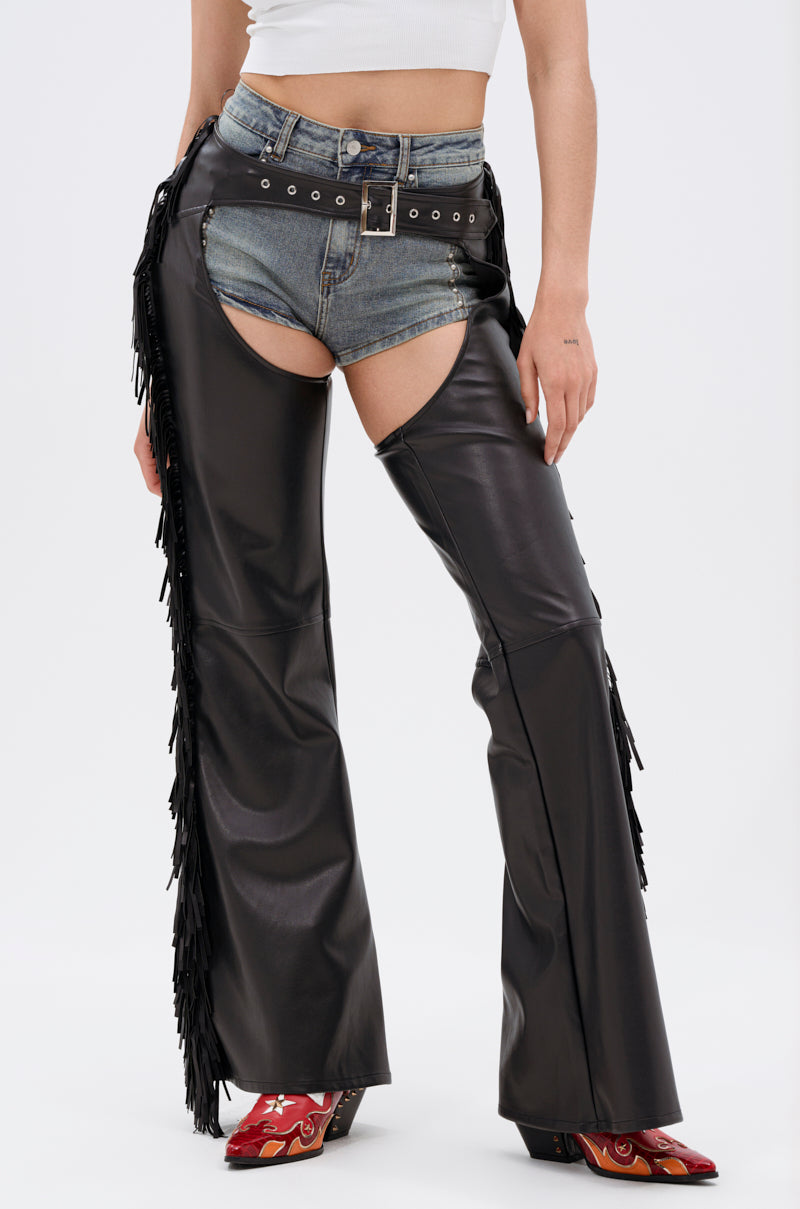 RODEO FRINGE FAUX LEATHER CHAPS