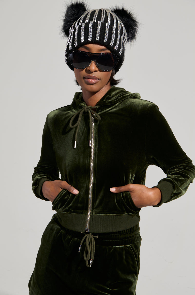 BRAT RHINESTONE VELVET OLIVE ZIP UP SWEATSHIRT