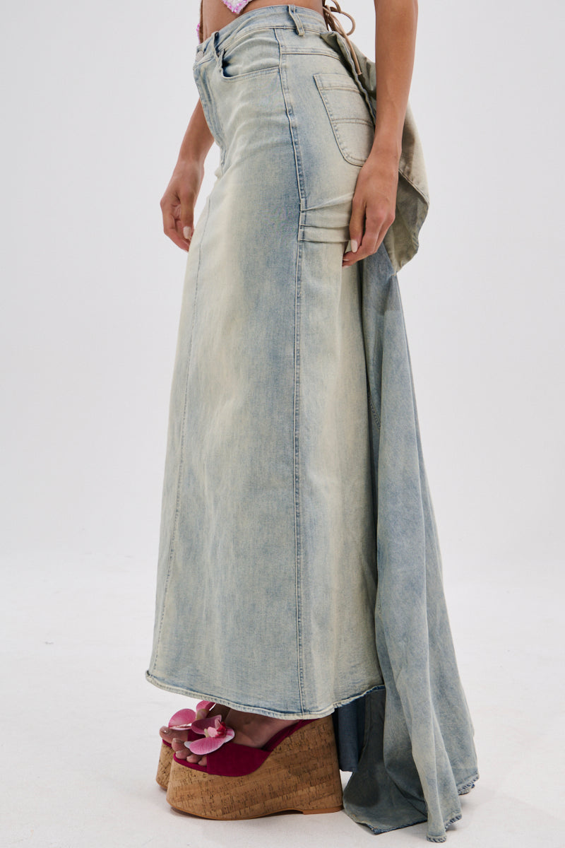 OH THE DRAMA BACK BOW DENIM MAXI SKIRT WITH TRAIN