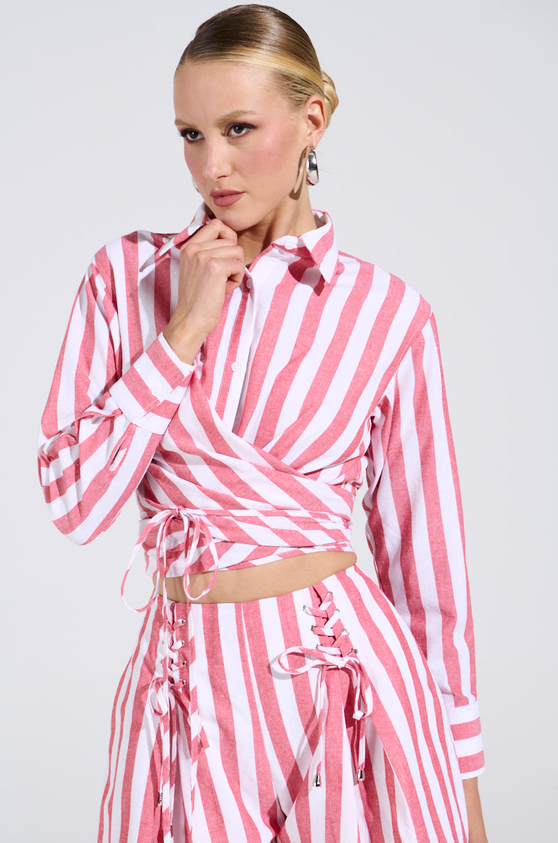 GIRL BYE TIE FRONT STRIPE BLOUSE