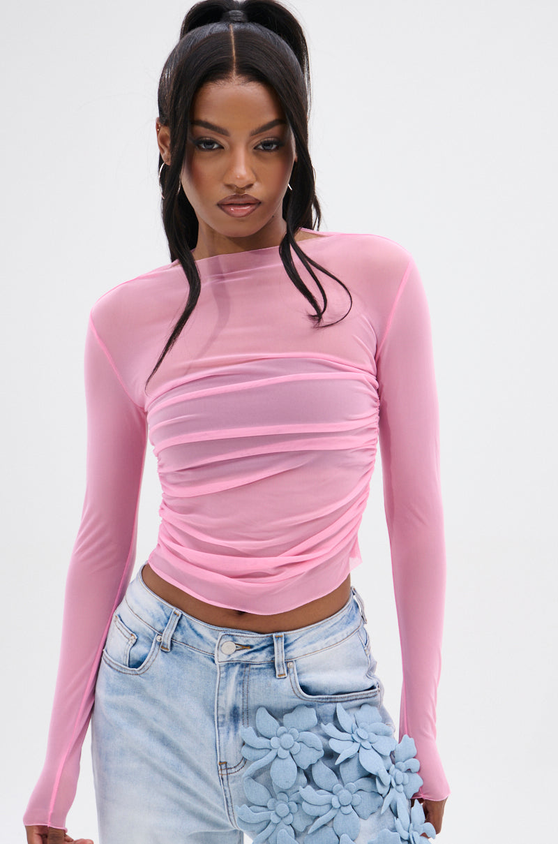 PAXTON SEXY RUCHED MESH LONG SLEEVE TOP
