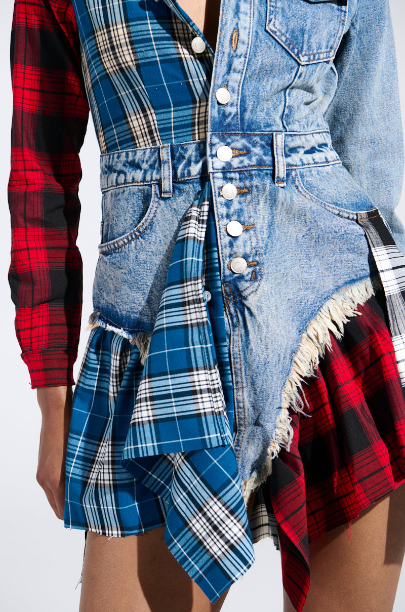 PATCHWORK PLAID DENIM MINI DRESS