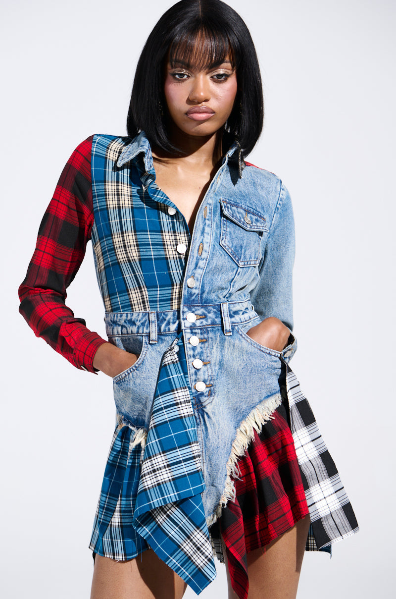 PATCHWORK PLAID DENIM MINI DRESS