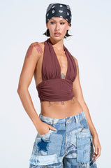 PAXTON SEXY RUCHED PLUNGE MESH HALTER TOP