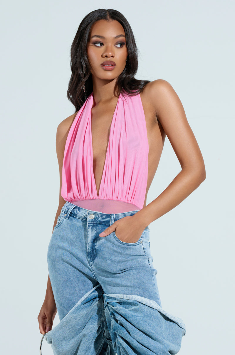 PAXTON SEXY RUCHED PLUNGE MESH HALTER BODYSUIT IN PINK