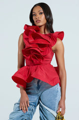 MISS FASHIONISTA SLEEVELESS RUFFLE PEPLUM BLOUSE IN RED