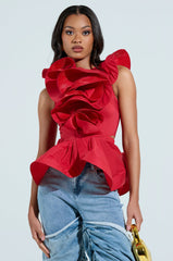 MISS FASHIONISTA SLEEVELESS RUFFLE PEPLUM BLOUSE IN RED