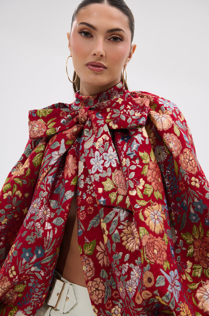 ETHEREAL FLORAL PUFF SLEEVE BROCADE TOP
