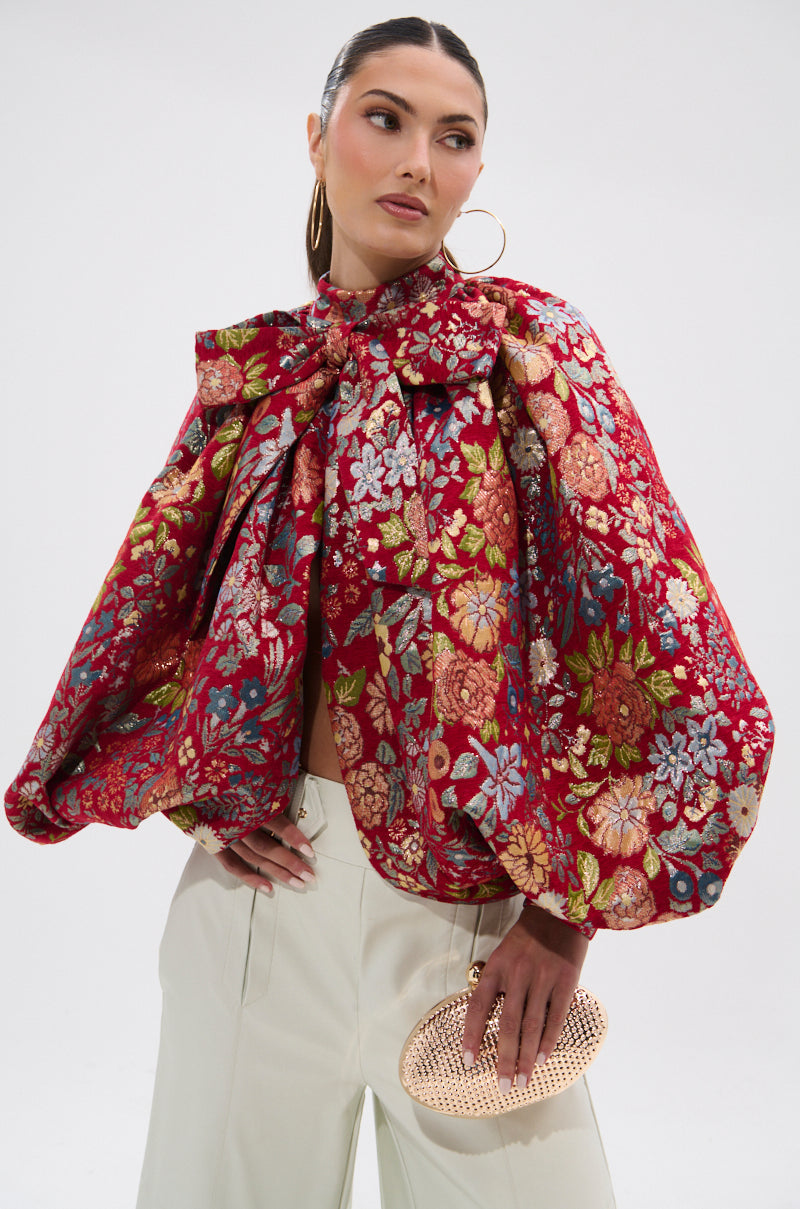 ETHEREAL FLORAL PUFF SLEEVE BROCADE TOP