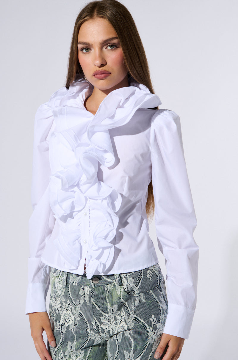MEGHAN DRAMATIC RUFFLE BUTTON DOWN BLOUSE