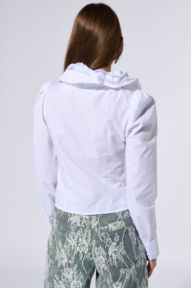 MEGHAN DRAMATIC RUFFLE BUTTON DOWN BLOUSE
