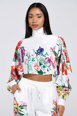 FULL BLOOM SATIN MOCK NECK BLOUSE IN WHITE