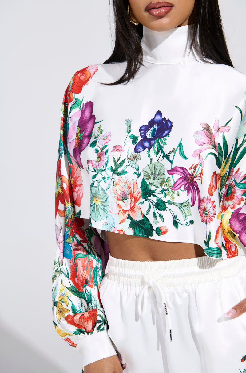 FULL BLOOM SATIN MOCK NECK BLOUSE IN WHITE