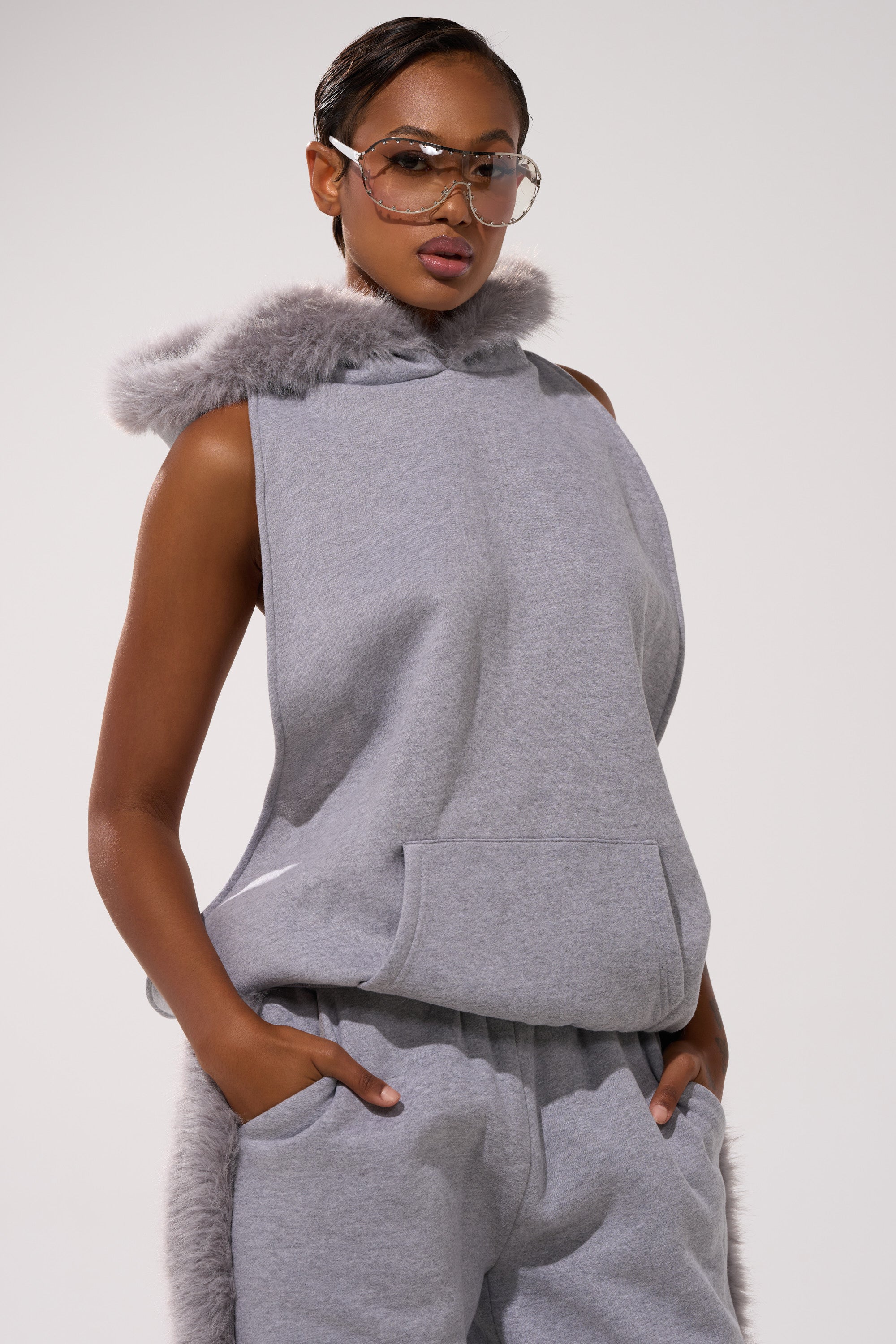 LUXE FUR OPEN-BACK SWEATSHIRT IN GREY