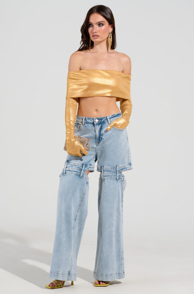 JUST LIKE MAGIC SLINKY OFF THE SHOULDER GLOVED TOP IN GOLD