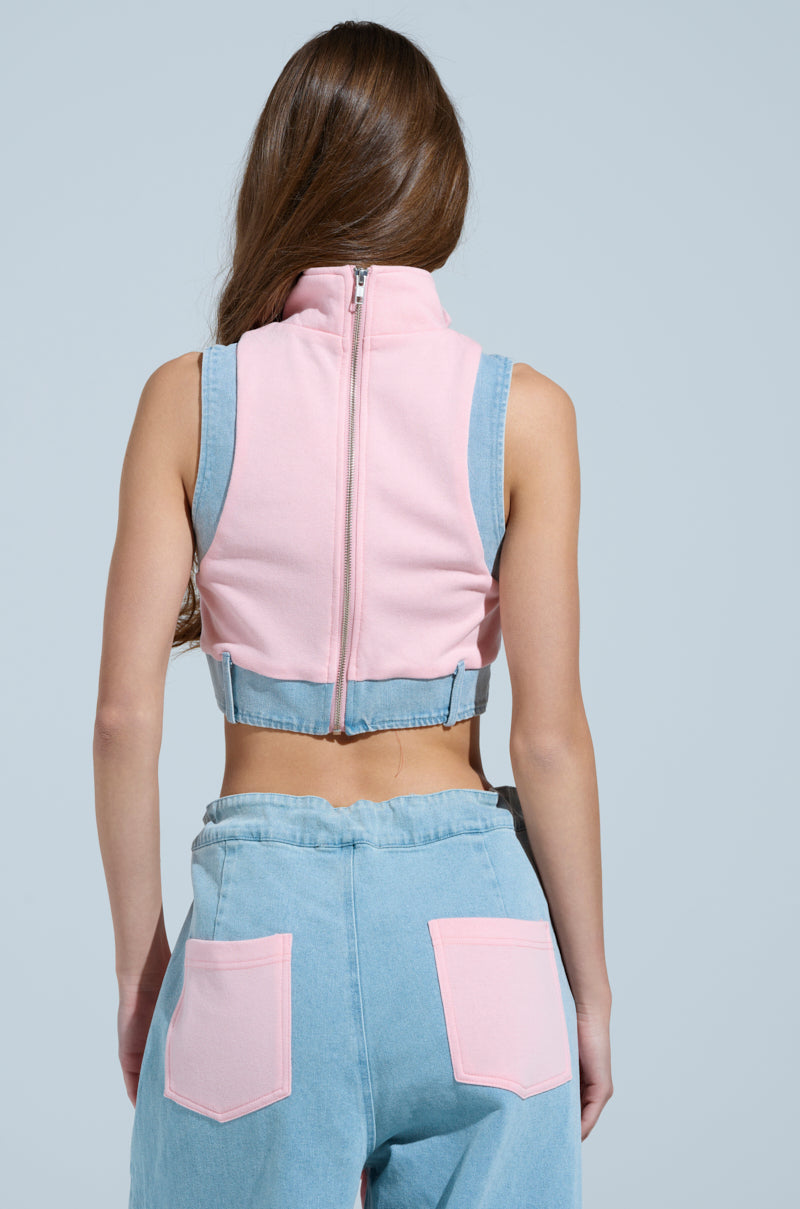 HEADS UP QUARTER ZIP SLEEVELESS SWEATSHIRT IN PINK