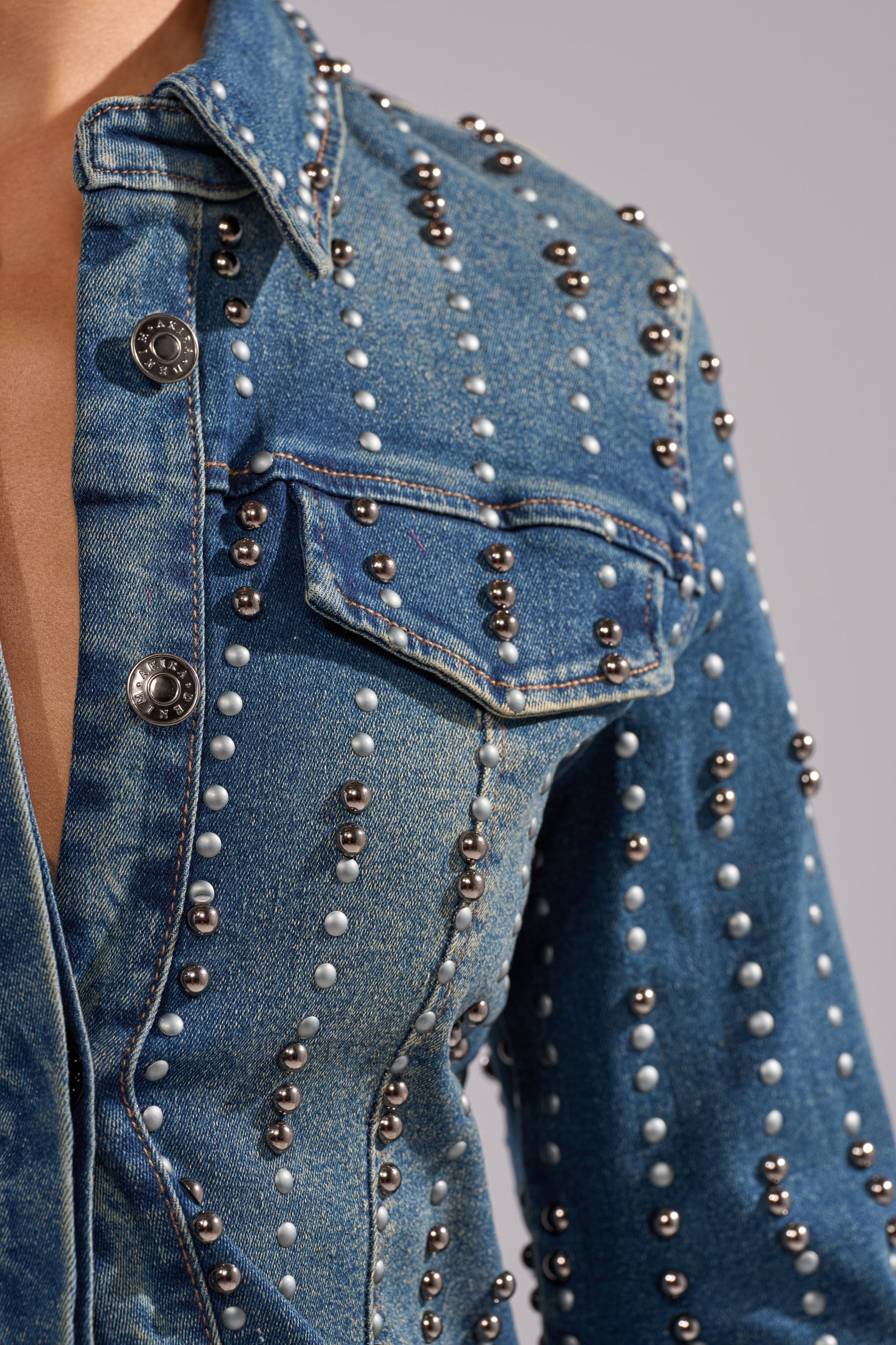 GLAMOUR STUDDED BUTTON DOWN DENIM TOP
