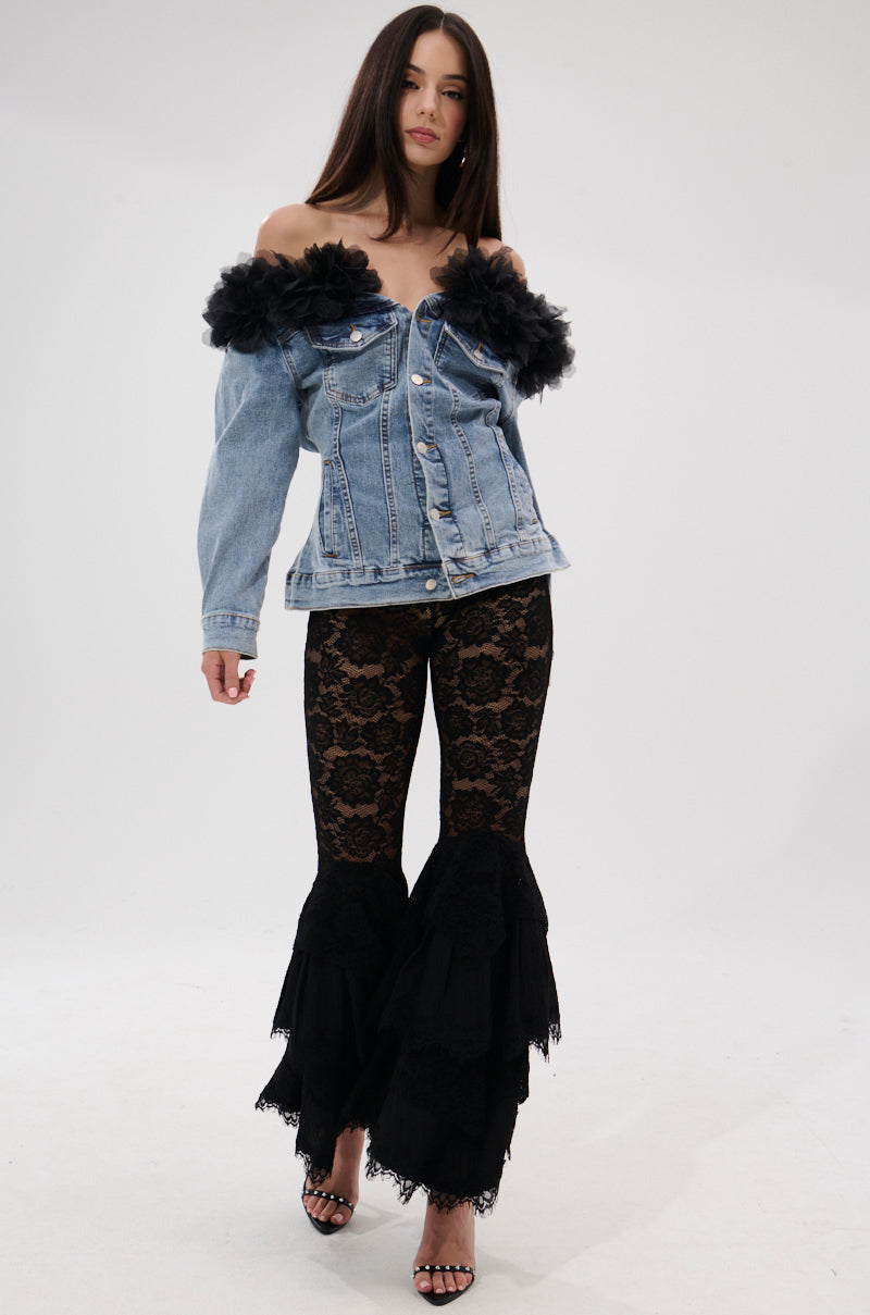DANA OFF THE SHOULDER RUFFLE DETAIL DENIM TOP