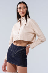 LUXURY GIRL WOVEN PU CROPPED BUTTON UP SHIRT IN IVORY