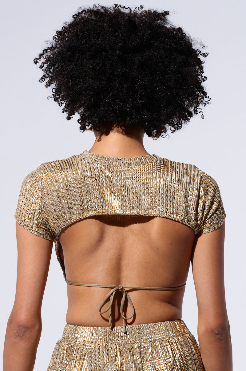 JUST LIKE MAGIC METALLIC KNIT OPEN BACK TOP IN GREEN MULTI