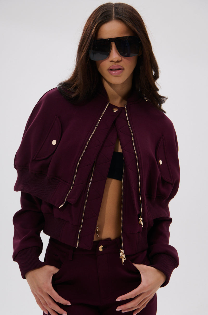 LYNX LAYERED BOMBER JACKET IN BURGUNDY