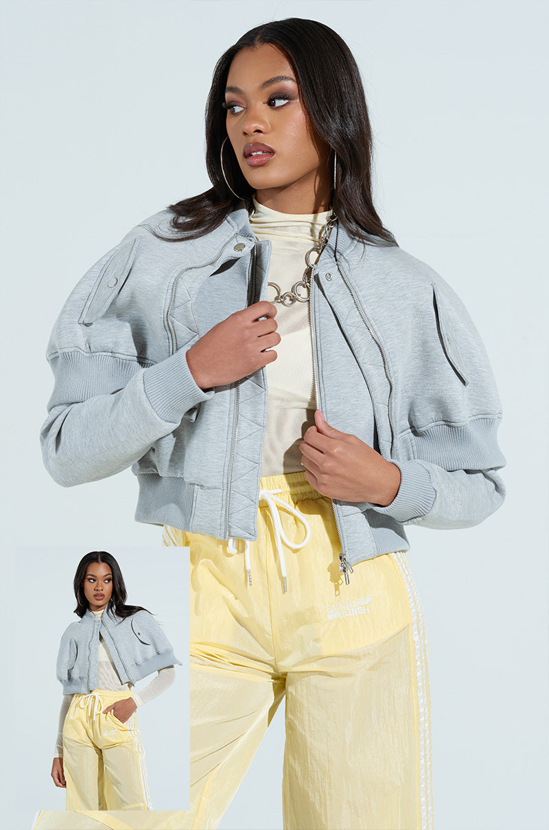 LYNX LAYERED BOMBER JACKET IN HEATHER GREY