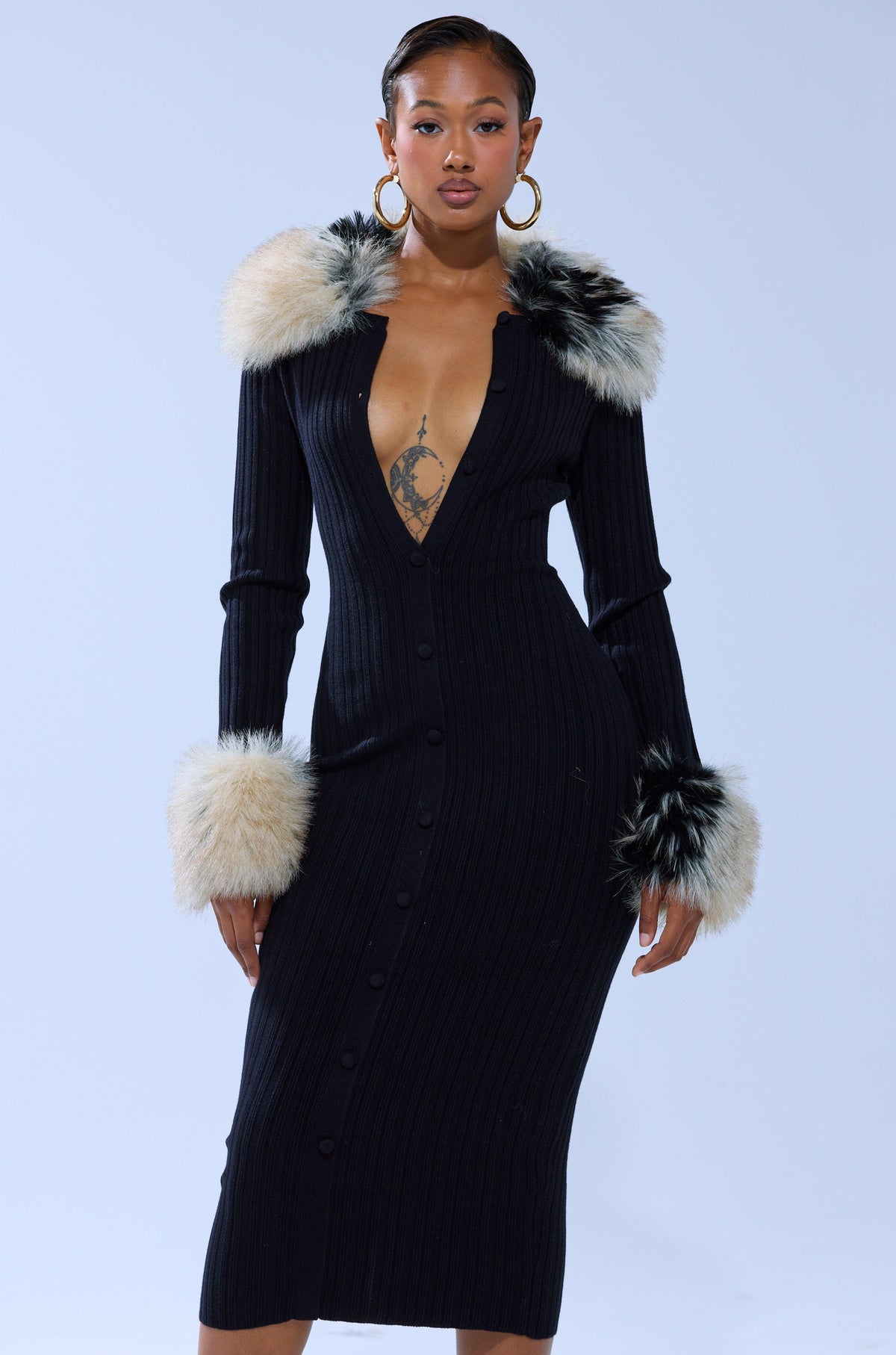 MICHELLE KNIT MIDI DRESS WITH FUR ACCENTS