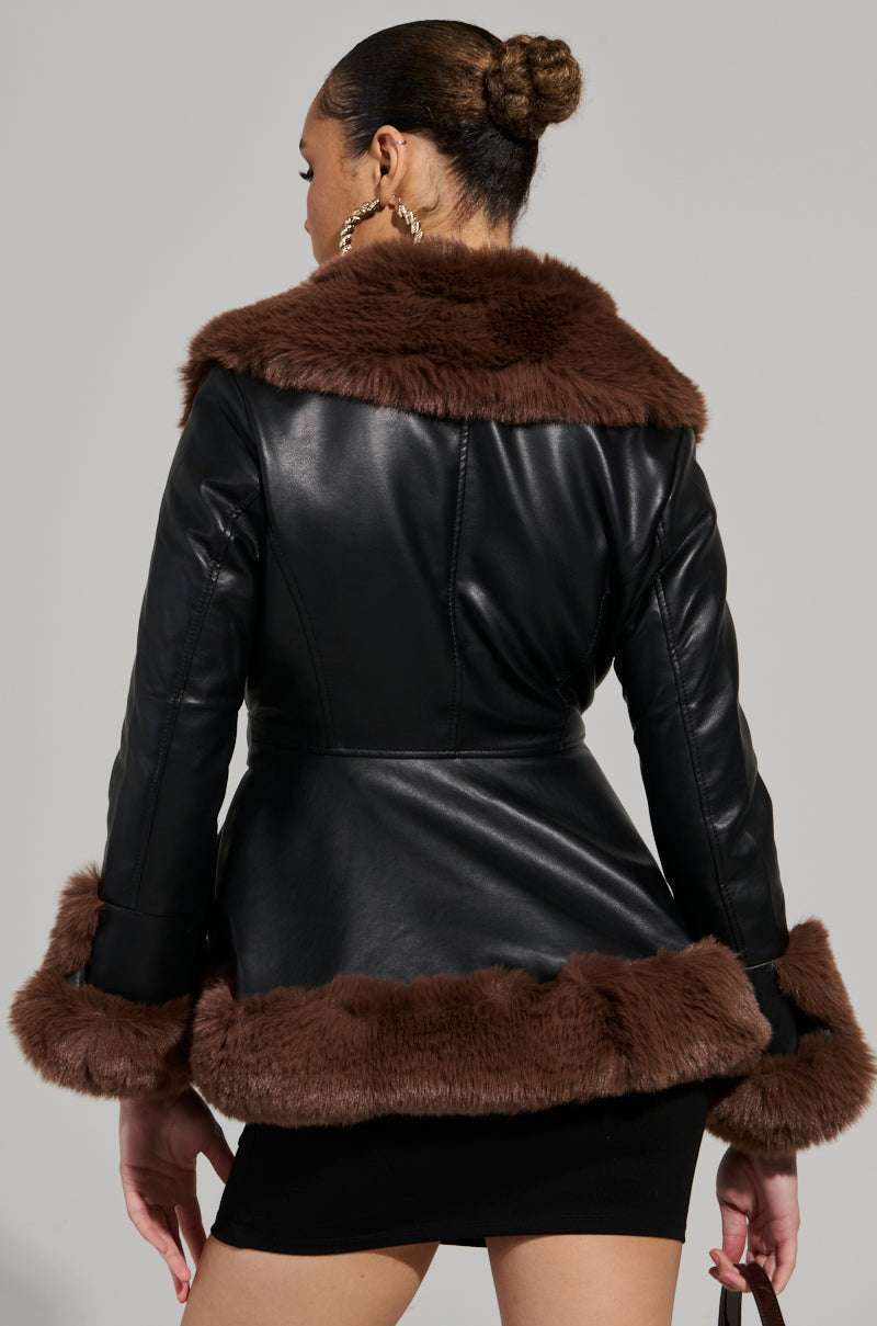 KENZY FUR TRIM PEPLUM MOTO IN BLACK BROWN