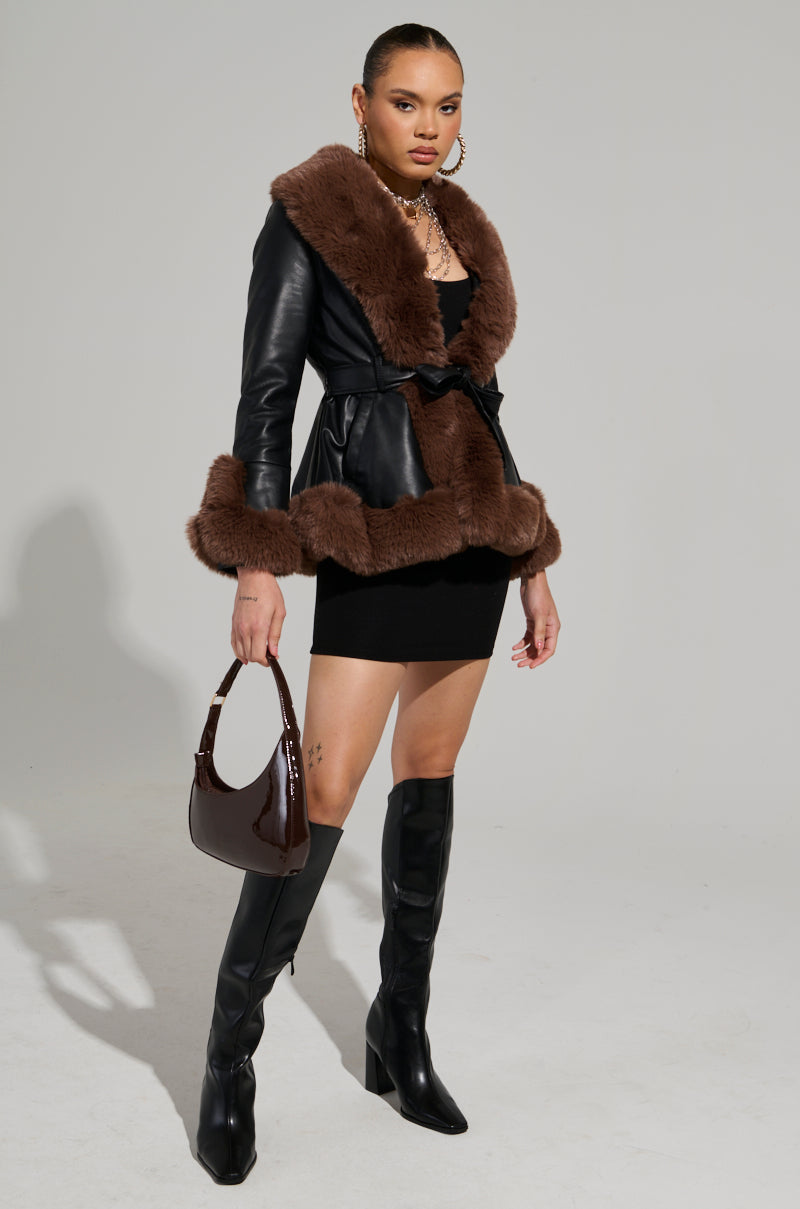 KENZY FUR TRIM PEPLUM MOTO IN BLACK BROWN