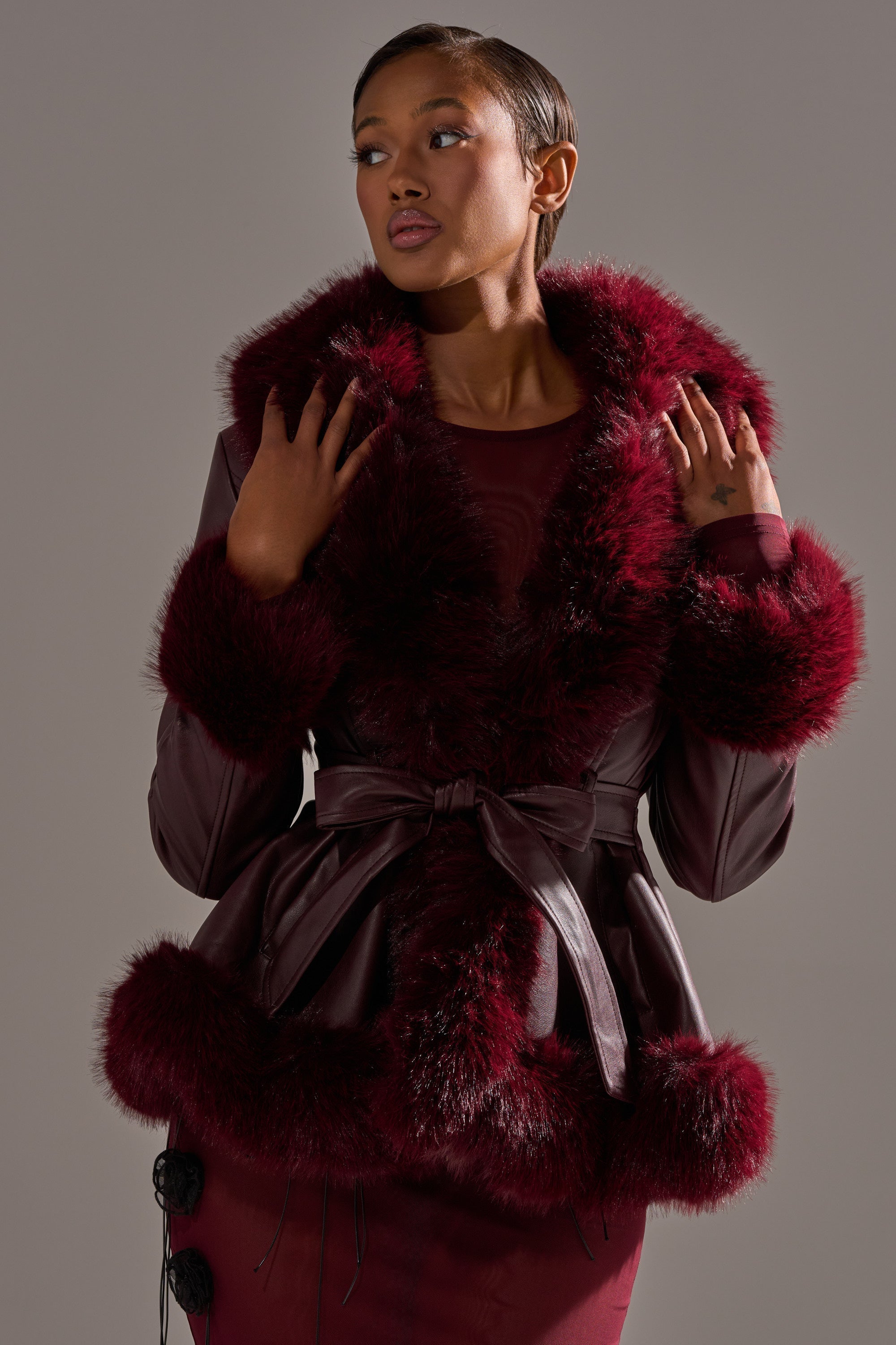 KENZY FUR TRIM MOTO IN BURGUNDY