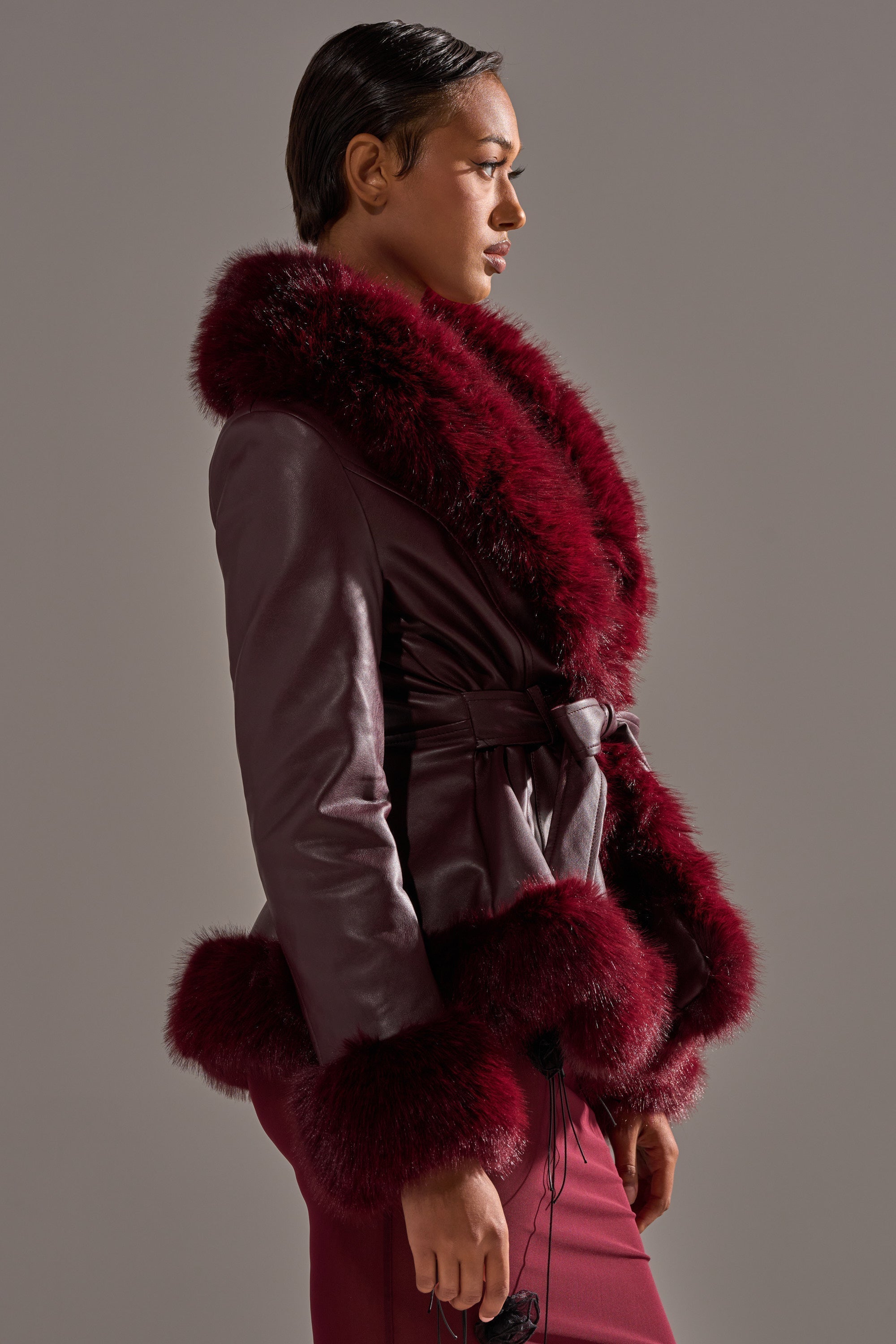KENZY FUR TRIM MOTO IN BURGUNDY