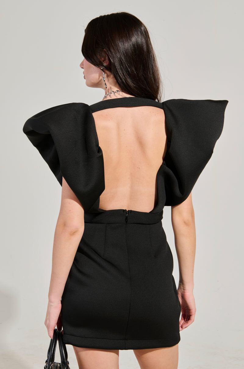 IRREPLACEABLE RUFFLE SLEEVE TULIP HEM MINI DRESS IN BLACK