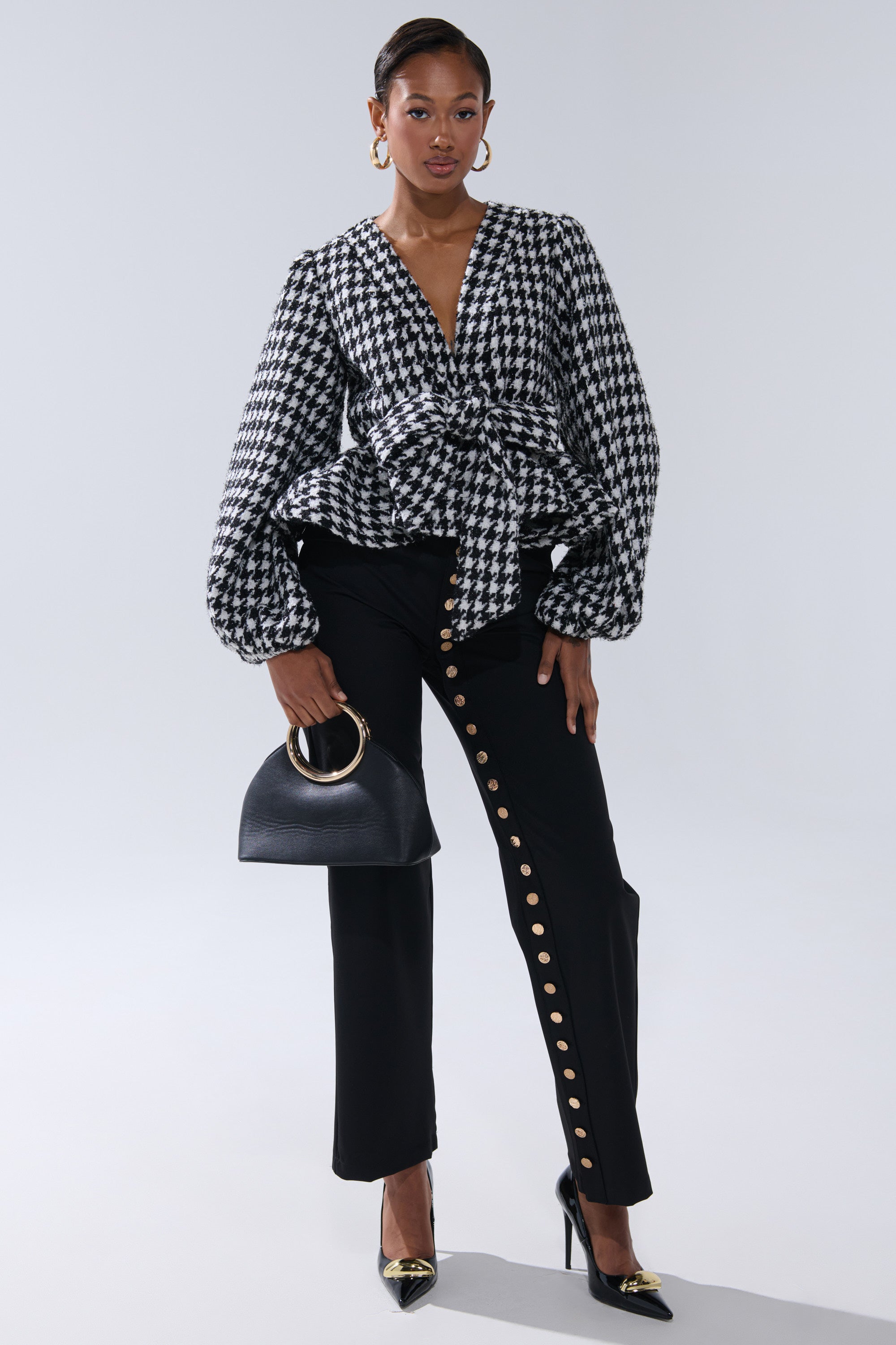 GIRL PLEASE HOUNDSTOOTH TIE-FRONT BLOUSE