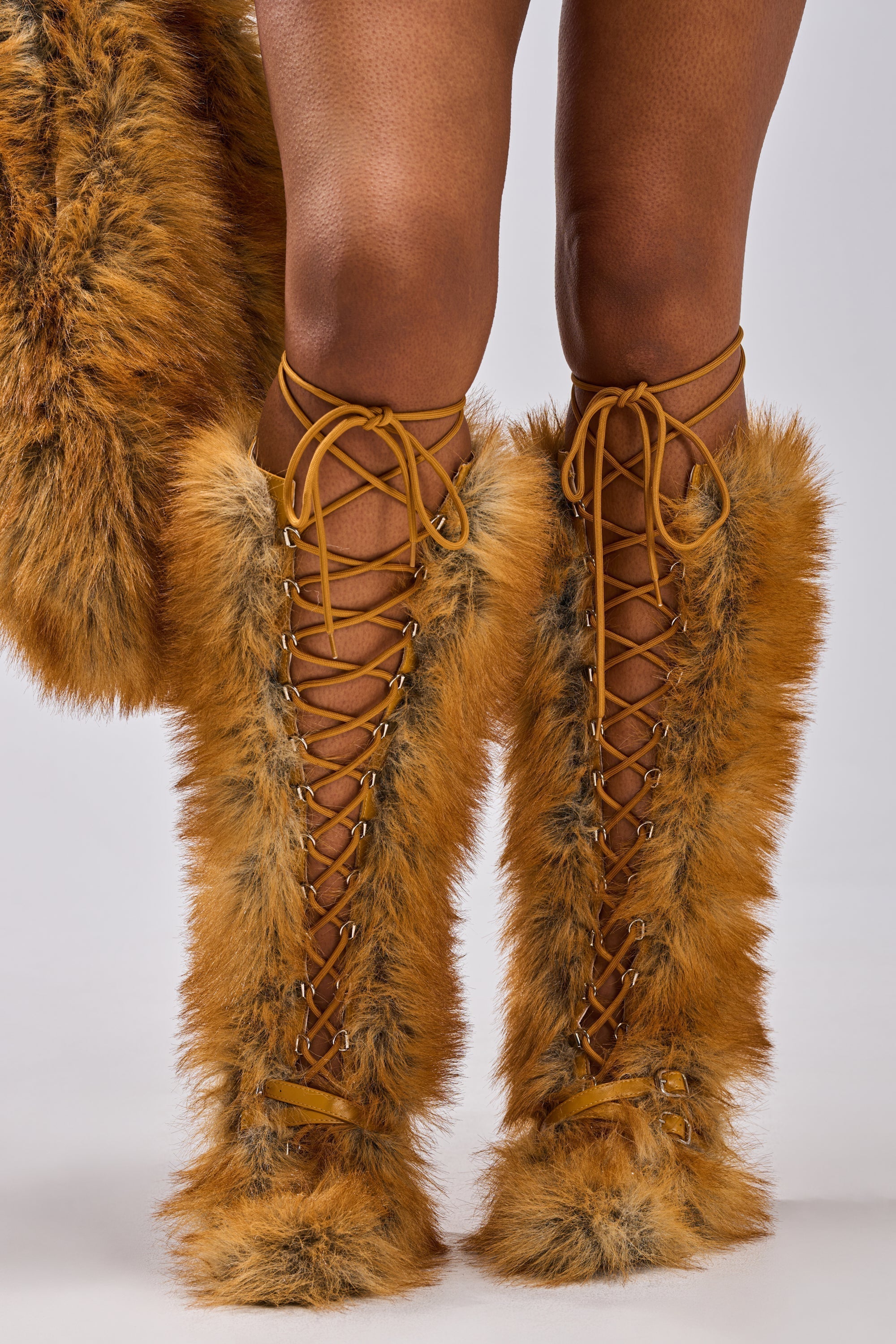 AZALEA WANG LOURDANNE TAN FUR LACE UP STILETTO BOOT