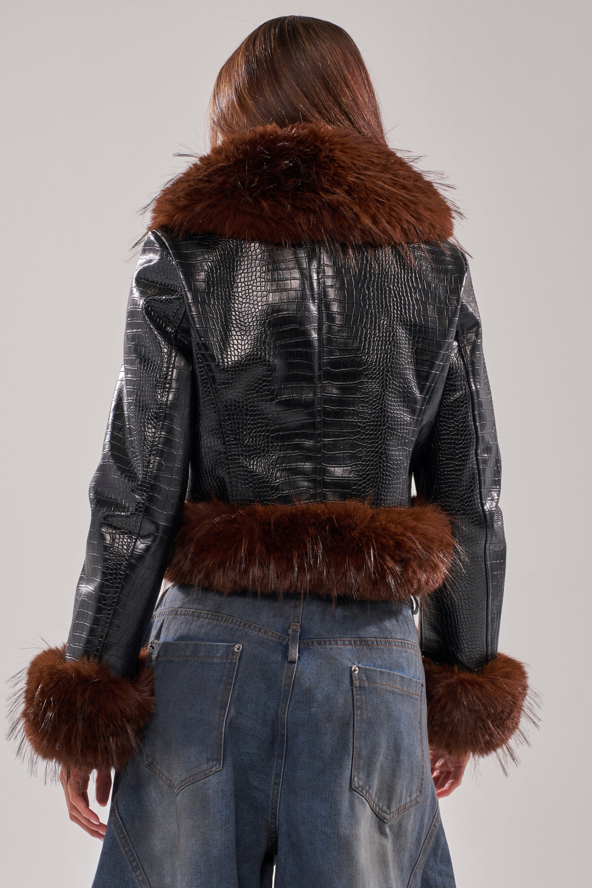 LUNNA FUR TRIM MOTO IN BLACK CROC