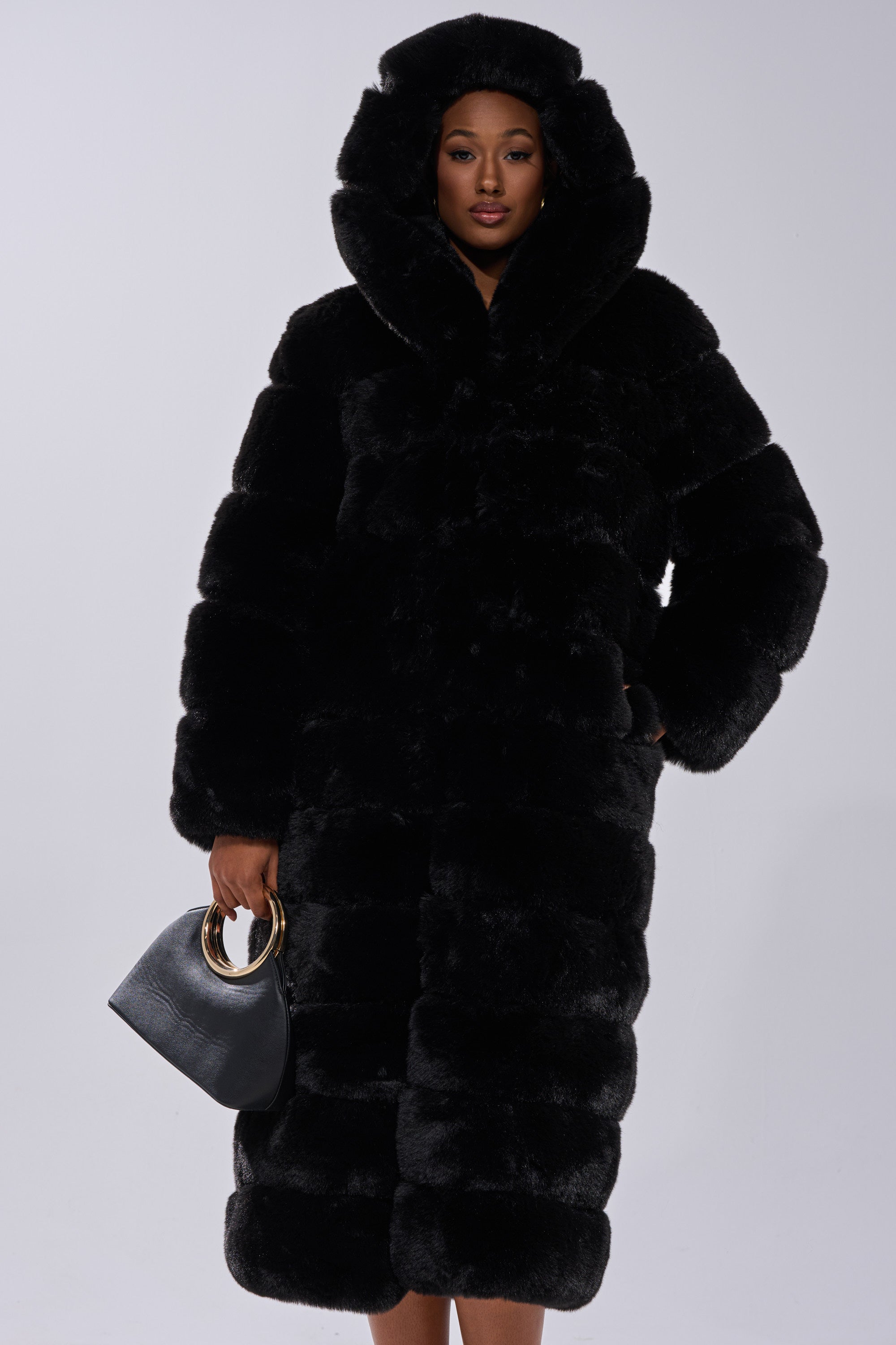 FAUX FUR PANEL HOODED TRENCH IN BLACK