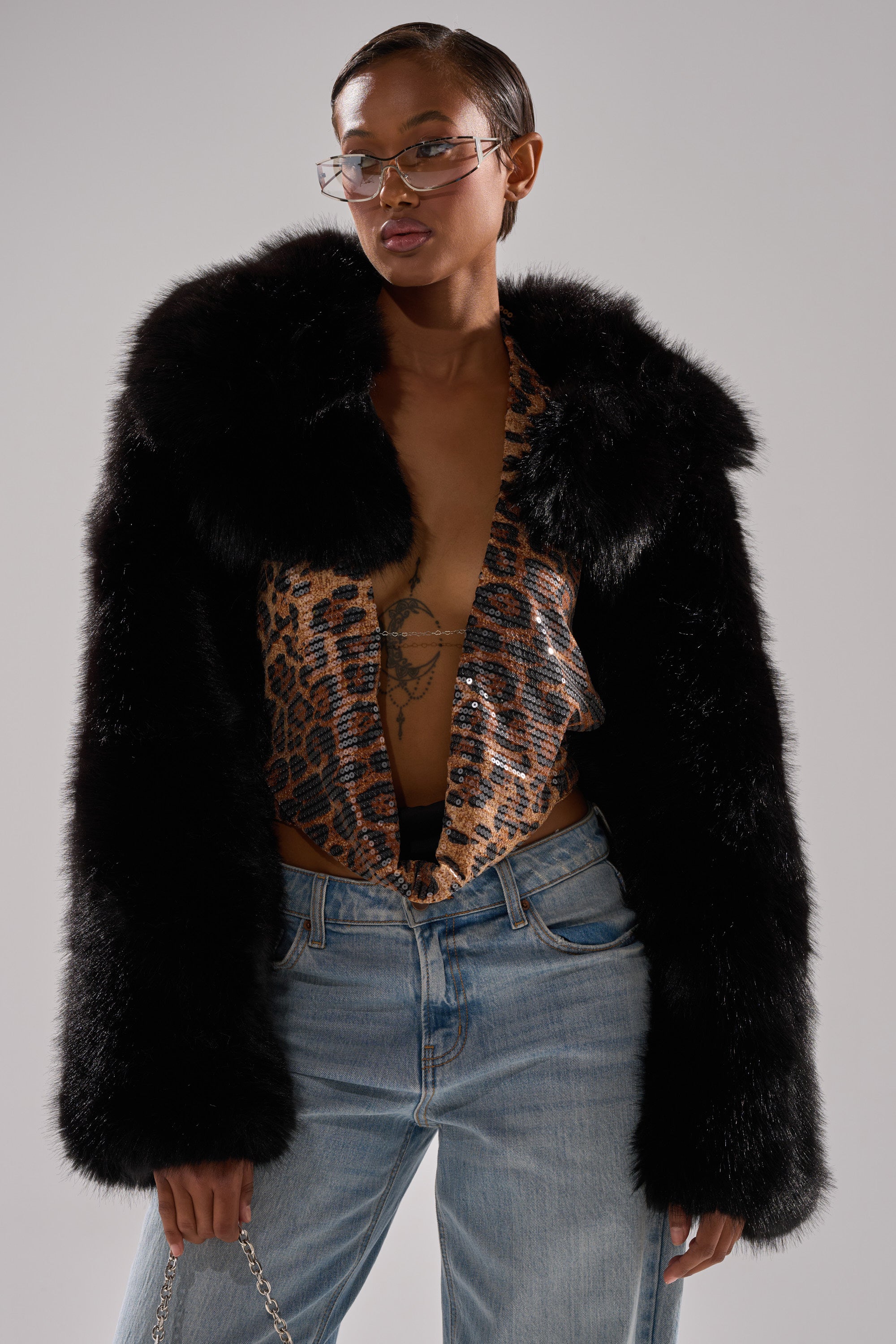 LEILA ULTRA CROP FAUX FUR IN BLACK