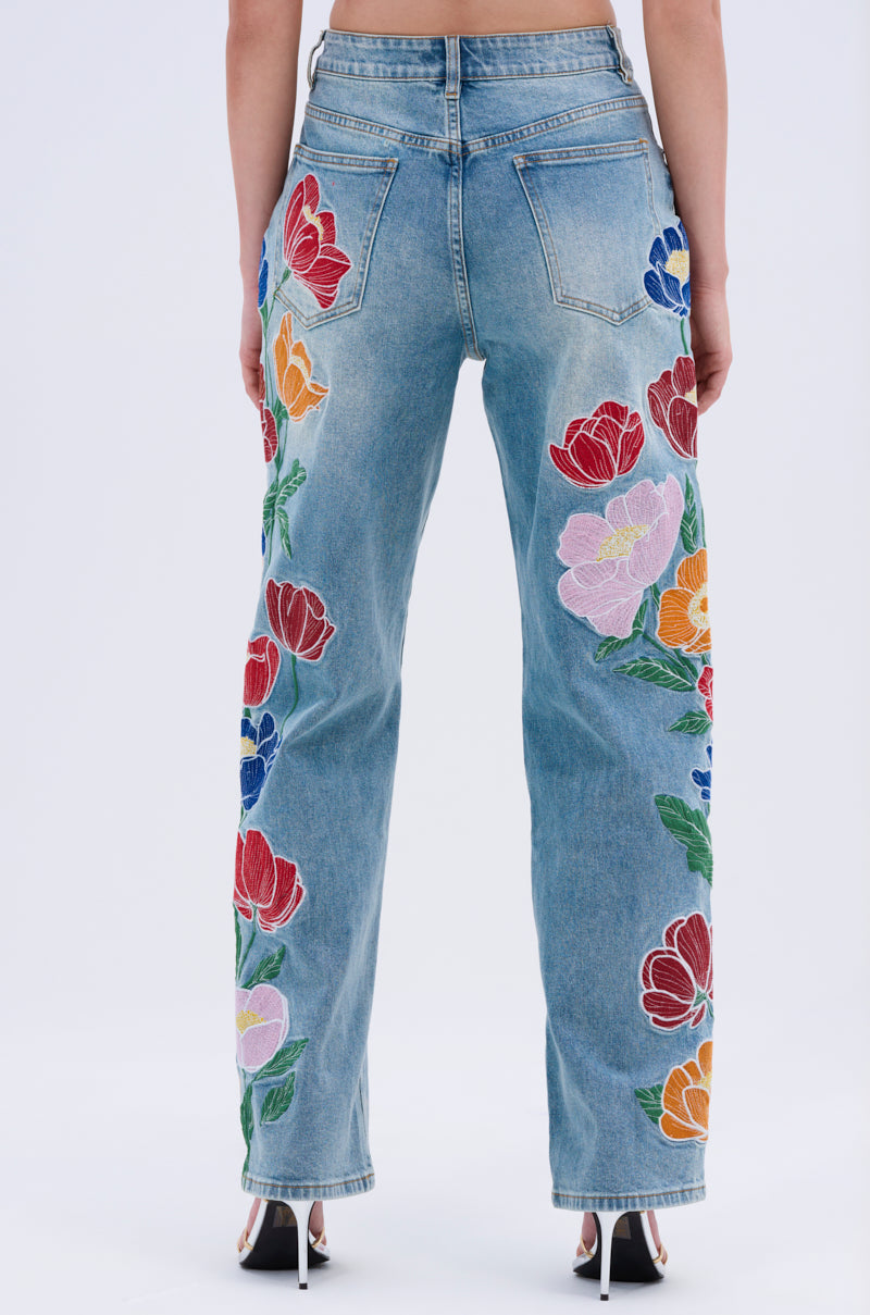 INTO THE GARDEN FLORAL EMBROIDERED DENIM JEANS