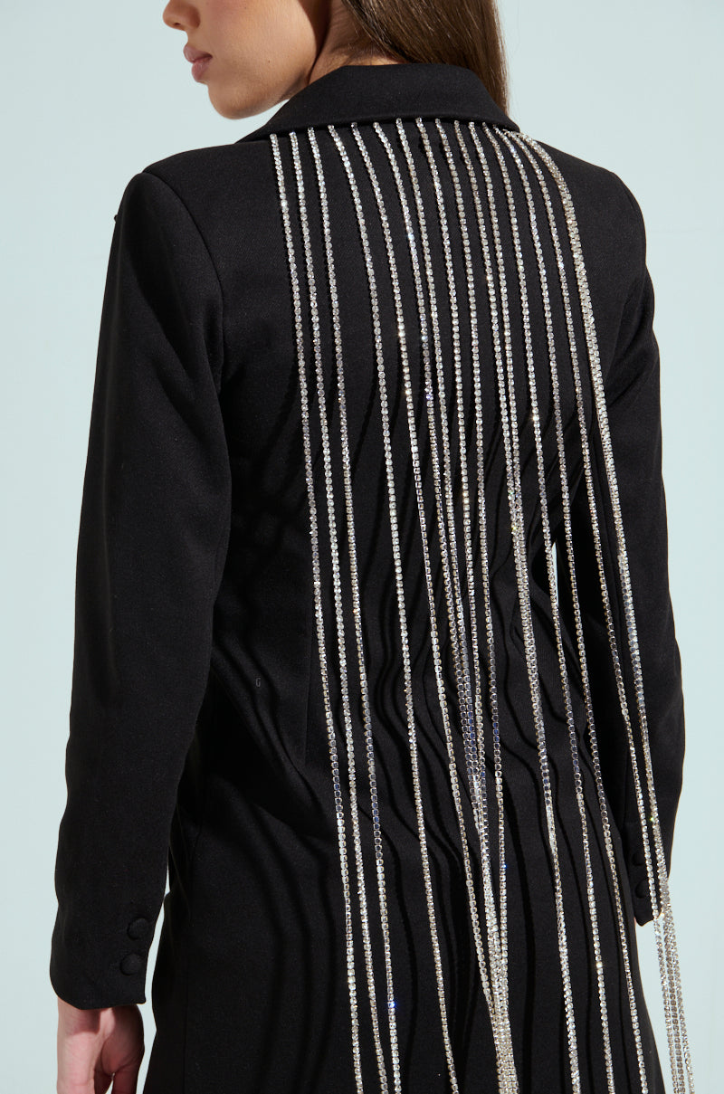 PARTY IN THE BACK RHINESTONE FRINGE TRENCH