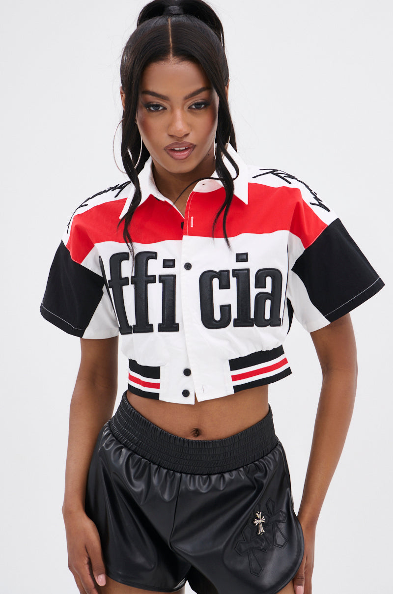 OFFICIAL DUTY CROPPED BUTTON DOWN TOP