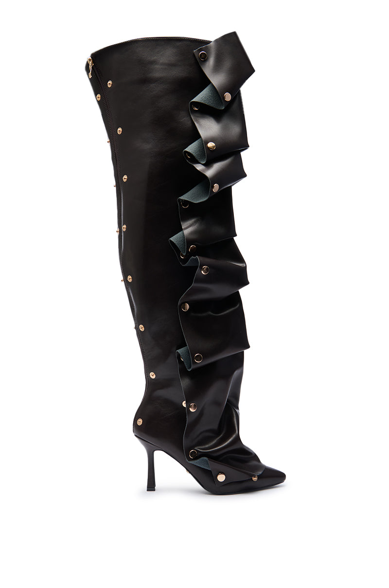 AZALEA WANG SWELCIE CHOCOLATE BROWN FOLDED AND SNAP DETAIL THIGH HIGH BOOT