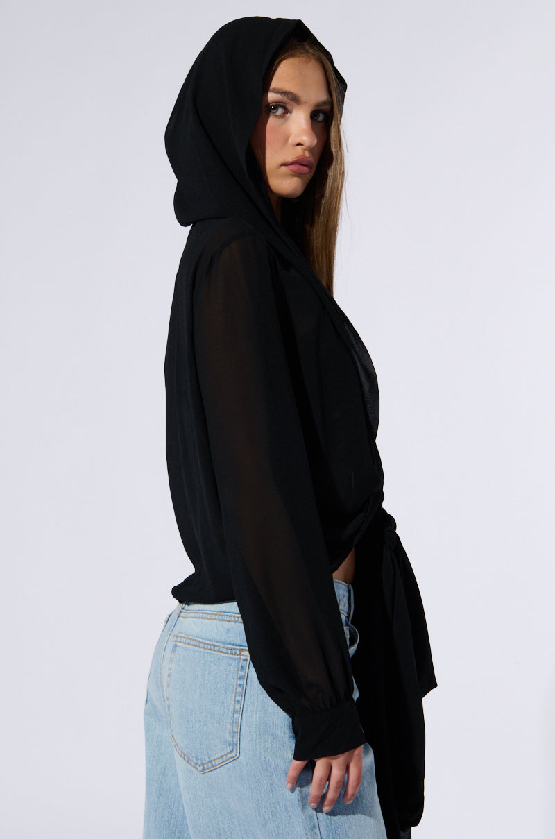 MARGO TIE FRONT BLOUSE WITH HOOD IN BLACK