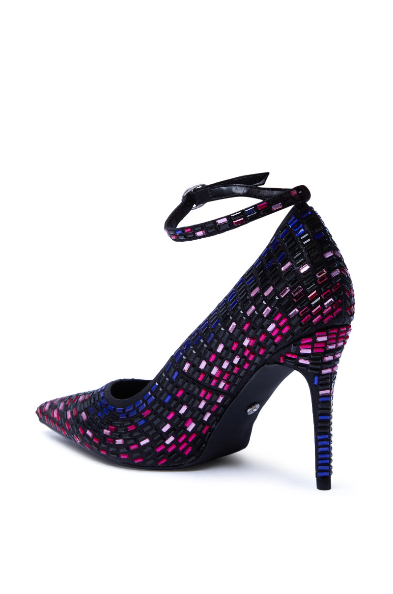 AZALEA WANG TEAGAN BLACK MULTI RHINESTONE STRAP PUMP